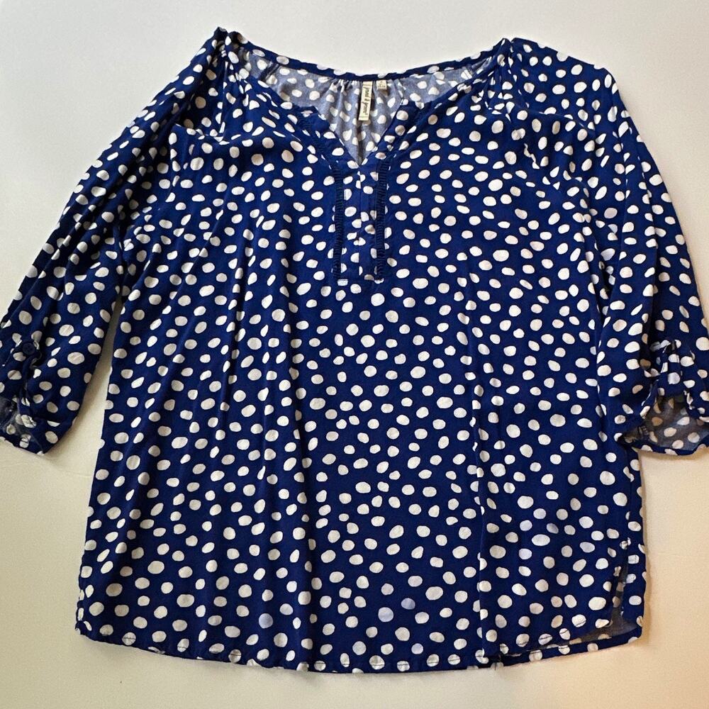 Grand & Greene Womens S Blue White Polka Dot V Neck 3/4 Sleeve Woven Rayon Boho